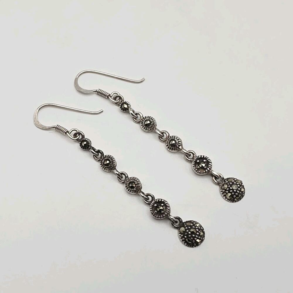Sterling Silver 925 Marcasite Long Dangle Earrings